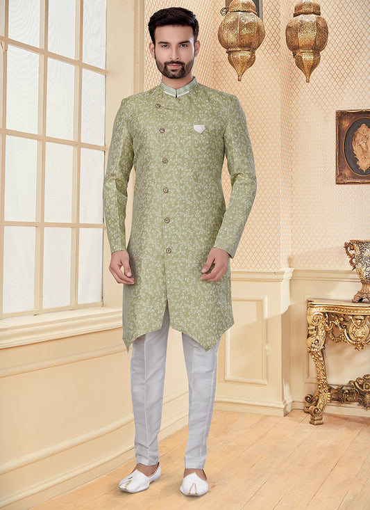 Pastel Green Jacquard Mens Embroidered Indo Western