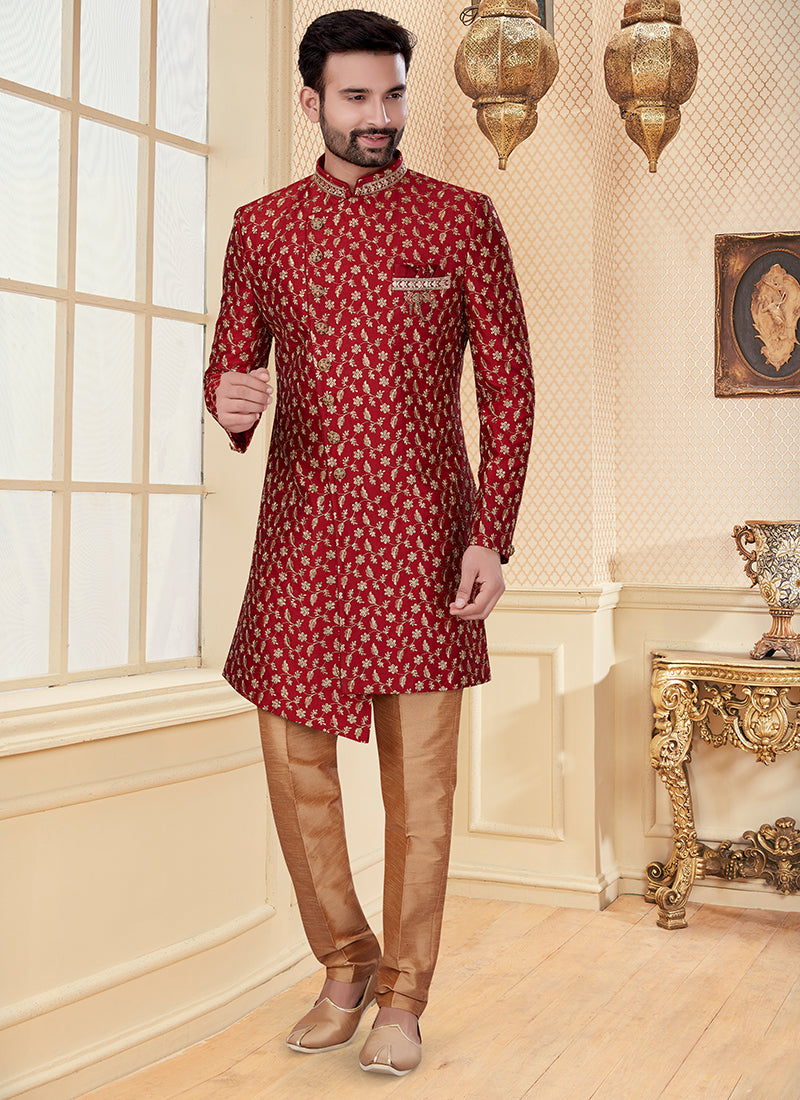 Maroon Jacquard Mens Embroidered Indo Western