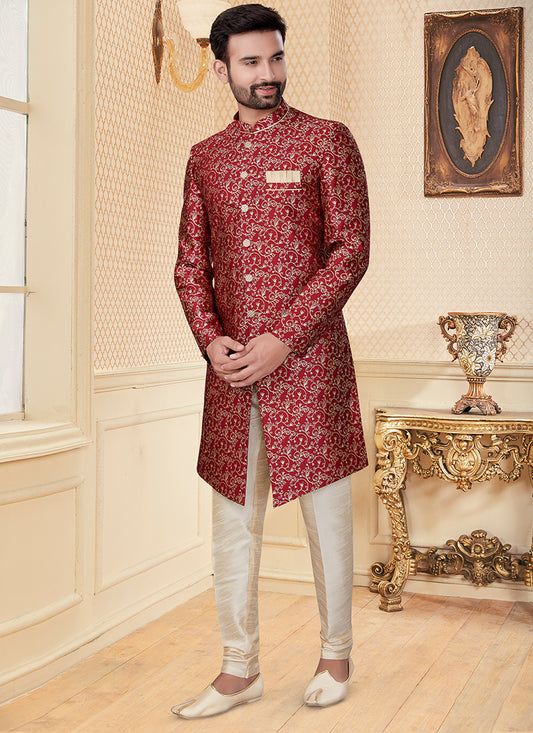 Maroon Jacquard Mens Indo Western