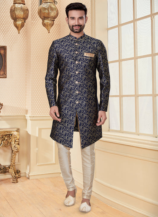 Navy Blue Jacquard Mens Embroidered Indo Western