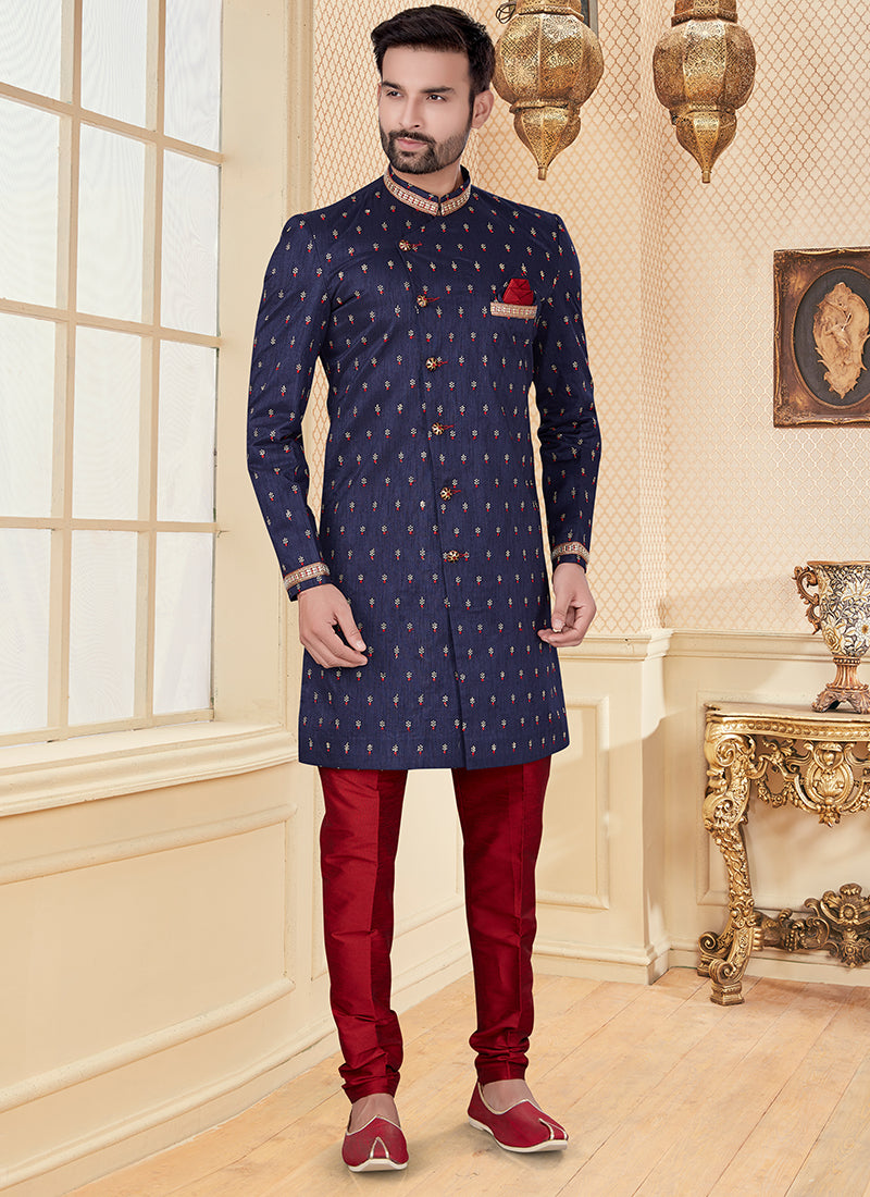 Navy Blue Jacquard Mens Embroidered Indo Western