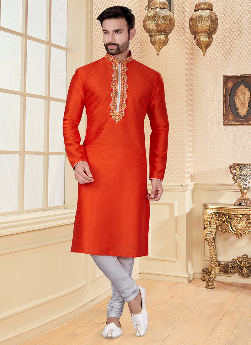 Orange Silk Embroidered Mens Kurta Set