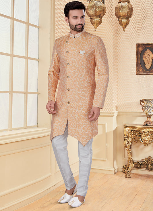 Peach Jacquard Mens Indo Western