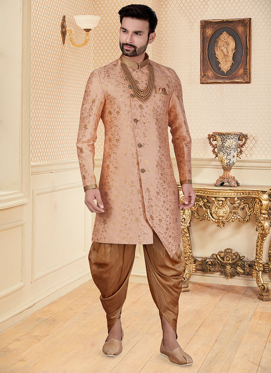 Peach Jacquard Mens Printed Indo Western