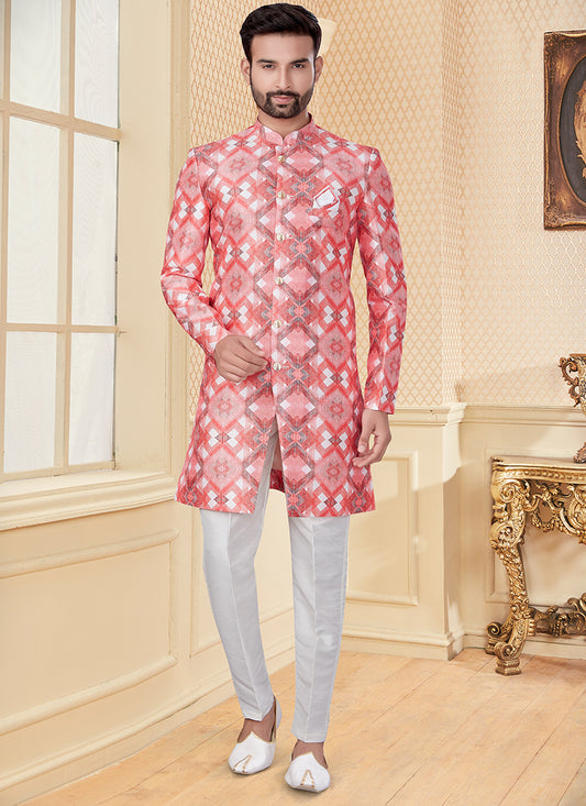 Peach and Pink Jacquard Mens Indo Western