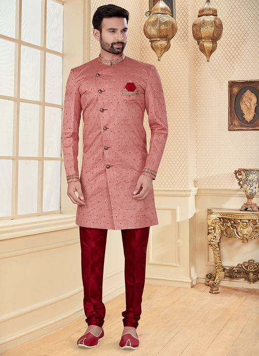 Coral Pink Jacquard Mens Embroidered Indo Western