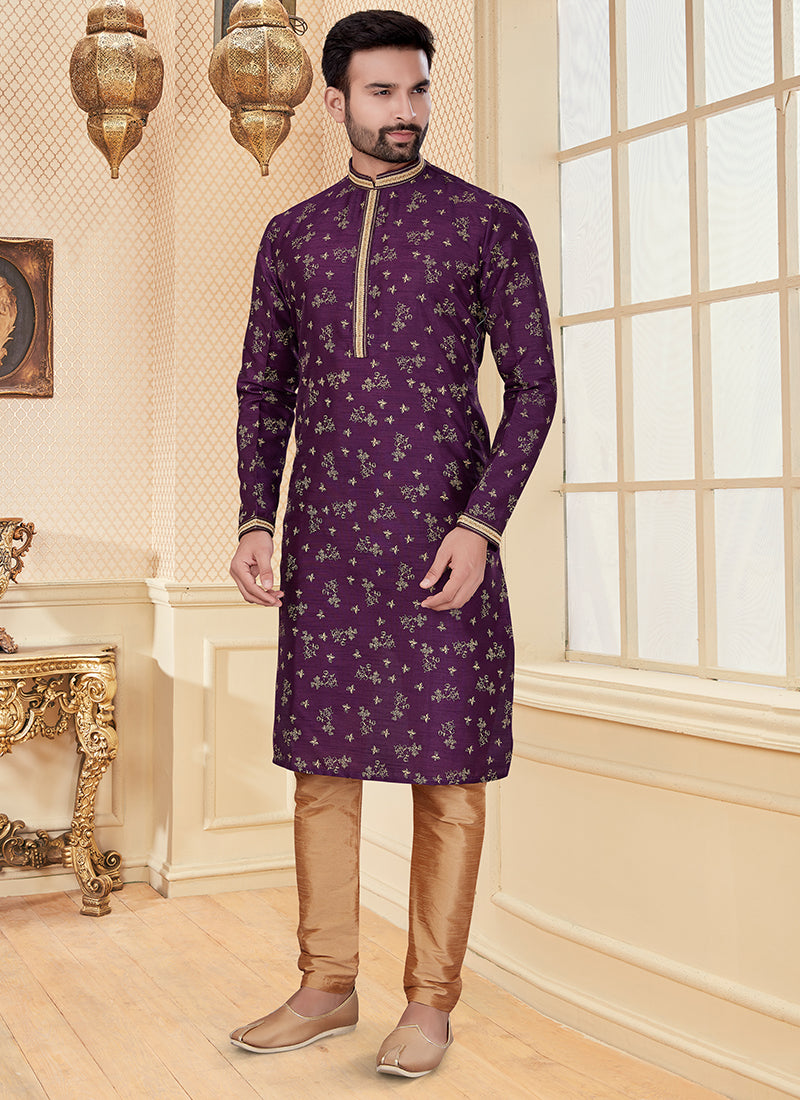 Purple Silk Printed Mens Kurta Set