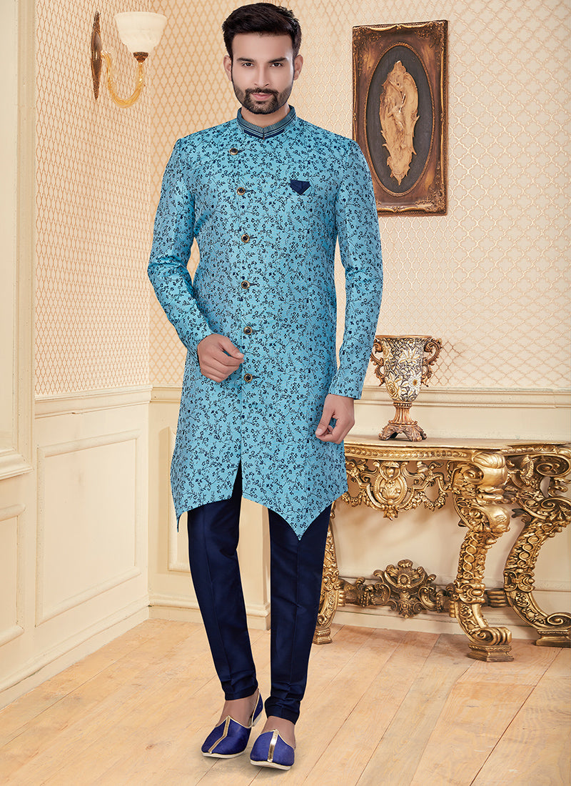 Sky Blue Jacquard Mens Embroidered Indo Western