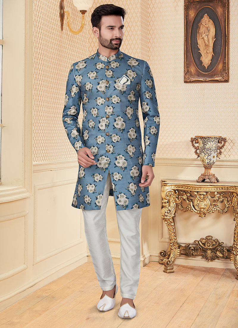 Sky Blue Jacquard Mens Indo Western