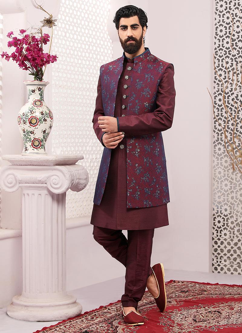 Wine Jacquard Silk Brocade Mens Designer Indo Western