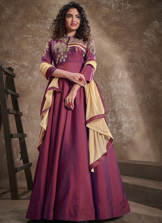 Wine Silk Embroidered Readymade Anarkali Suit