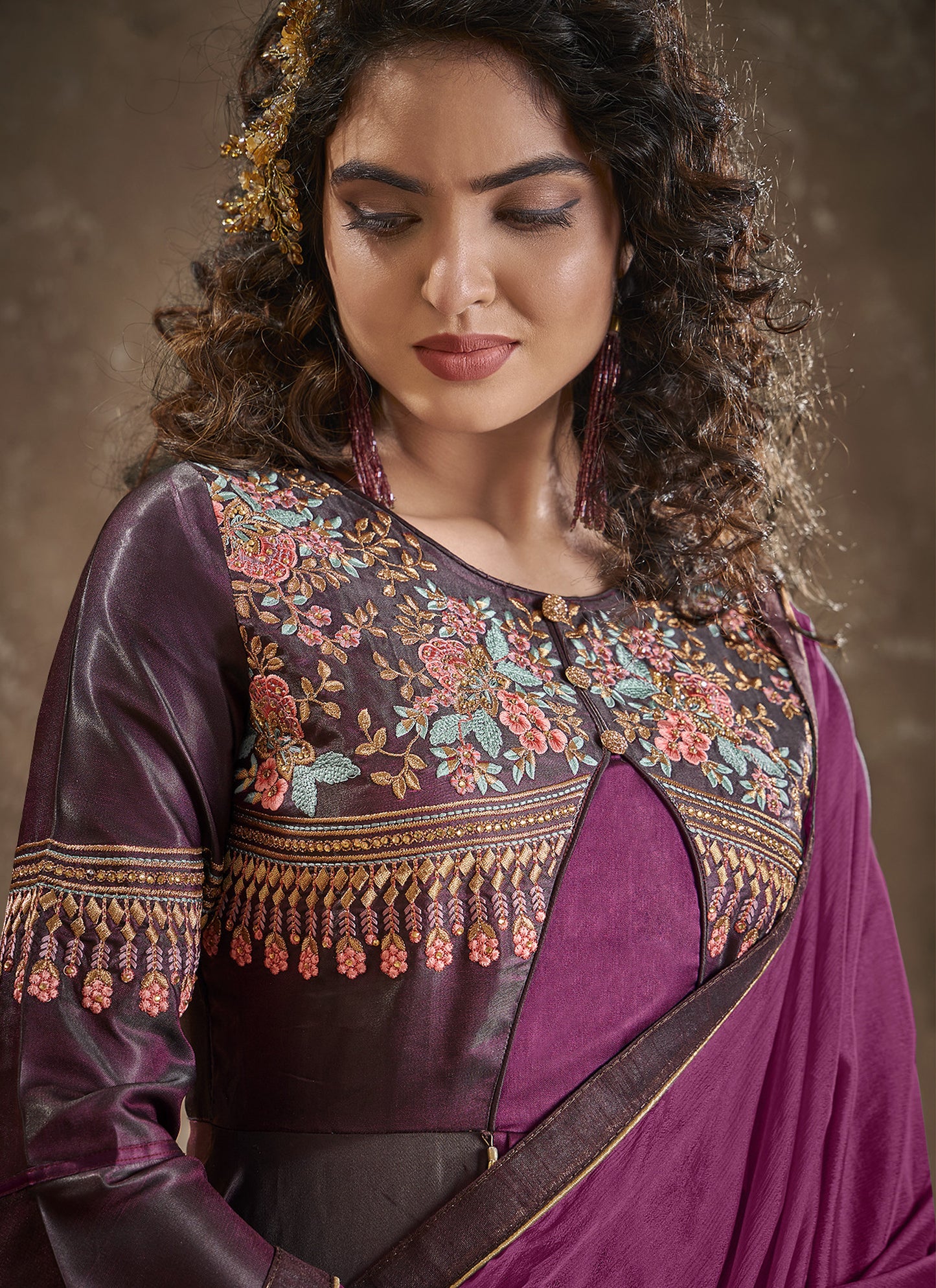 Wine and Burgundy Silk Embroidered Readymade Anarkali Suit
