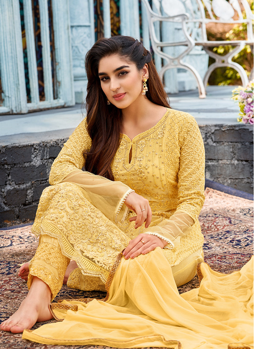 Yellow Faux Georgette Embroidered Ready Made Pant Kameez Set