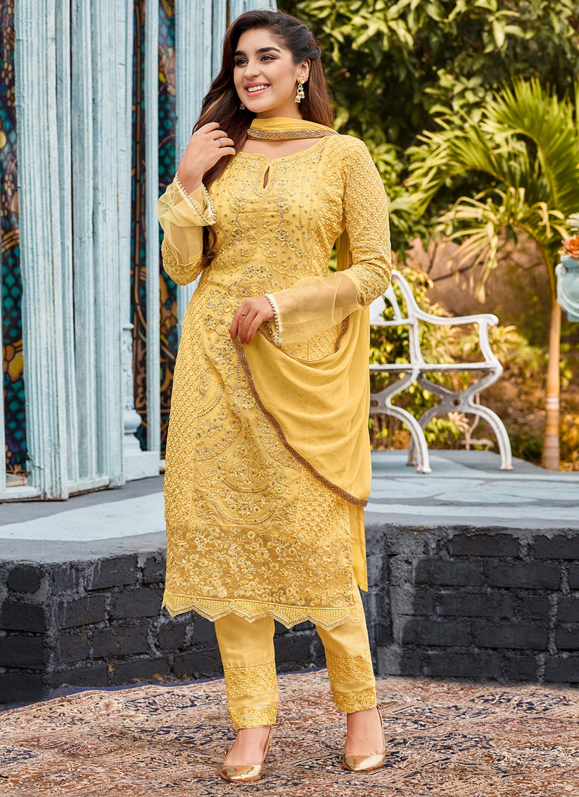 Yellow Faux Georgette Embroidered Ready Made Pant Kameez Set