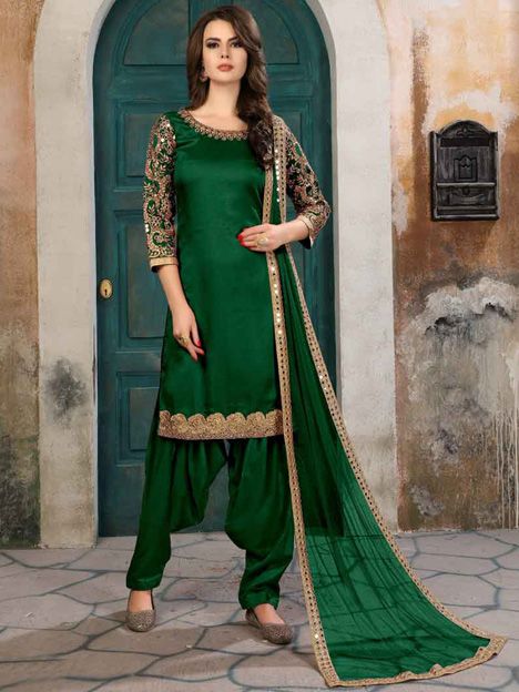 Green Art Silk Embroidered Patiala Suit