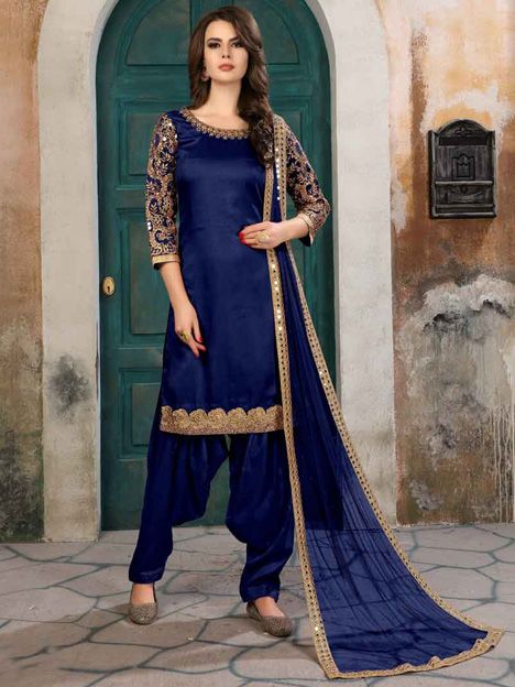 Blue Art Silk Embroidered Patiala Suit