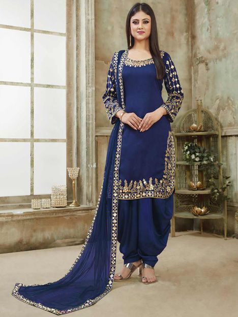 Blue Art Silk Patiala Kameez