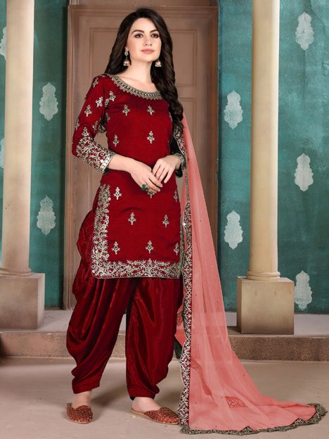 Maroon Silk Patiala Suit